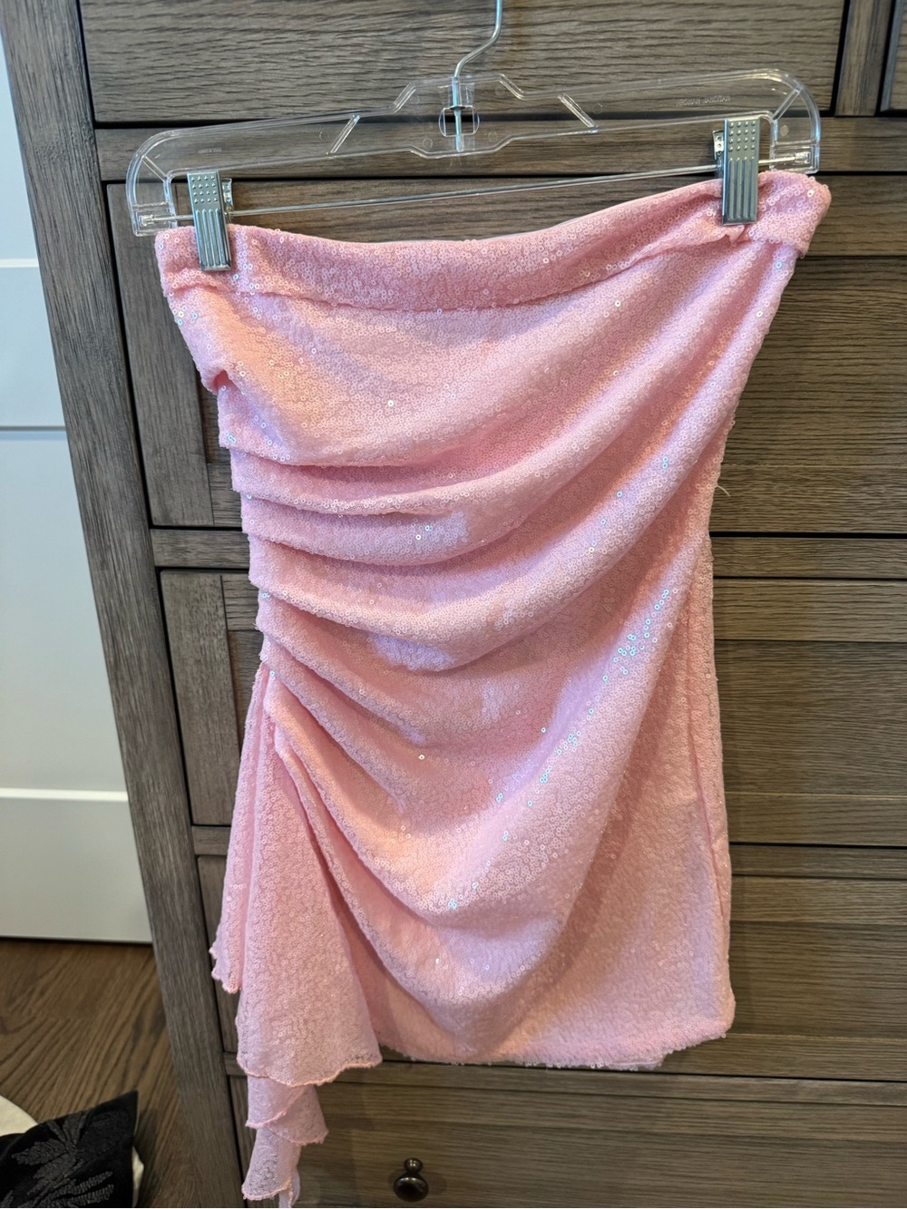 Lucy in the Sky Pink Asymmetrical Ruched Sequin Mini Skirt